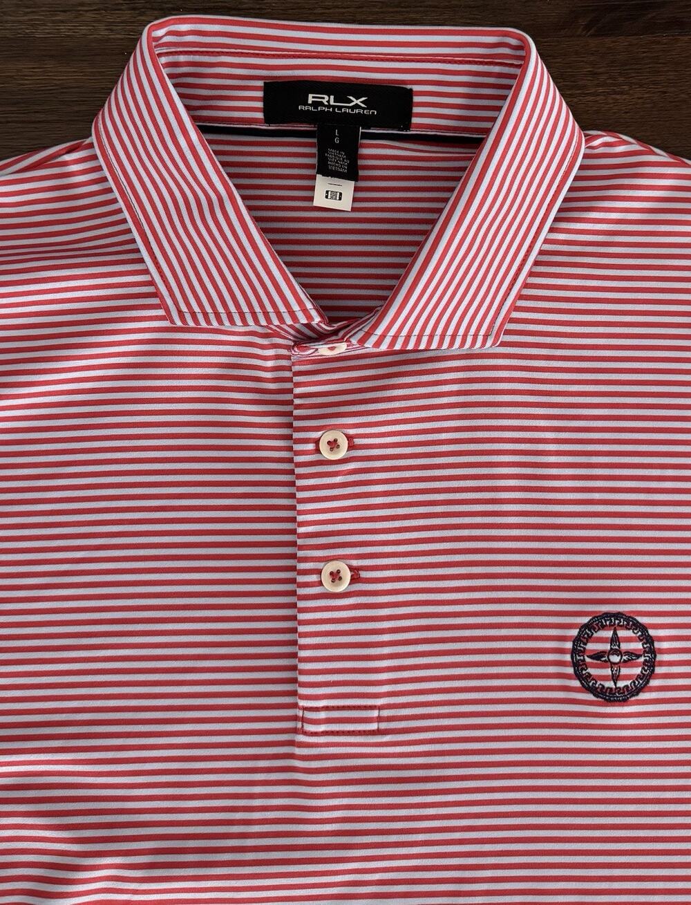 RLX Ralph Lauren Men’s Performance Golf Polo Red Blue Stripe Logo Large